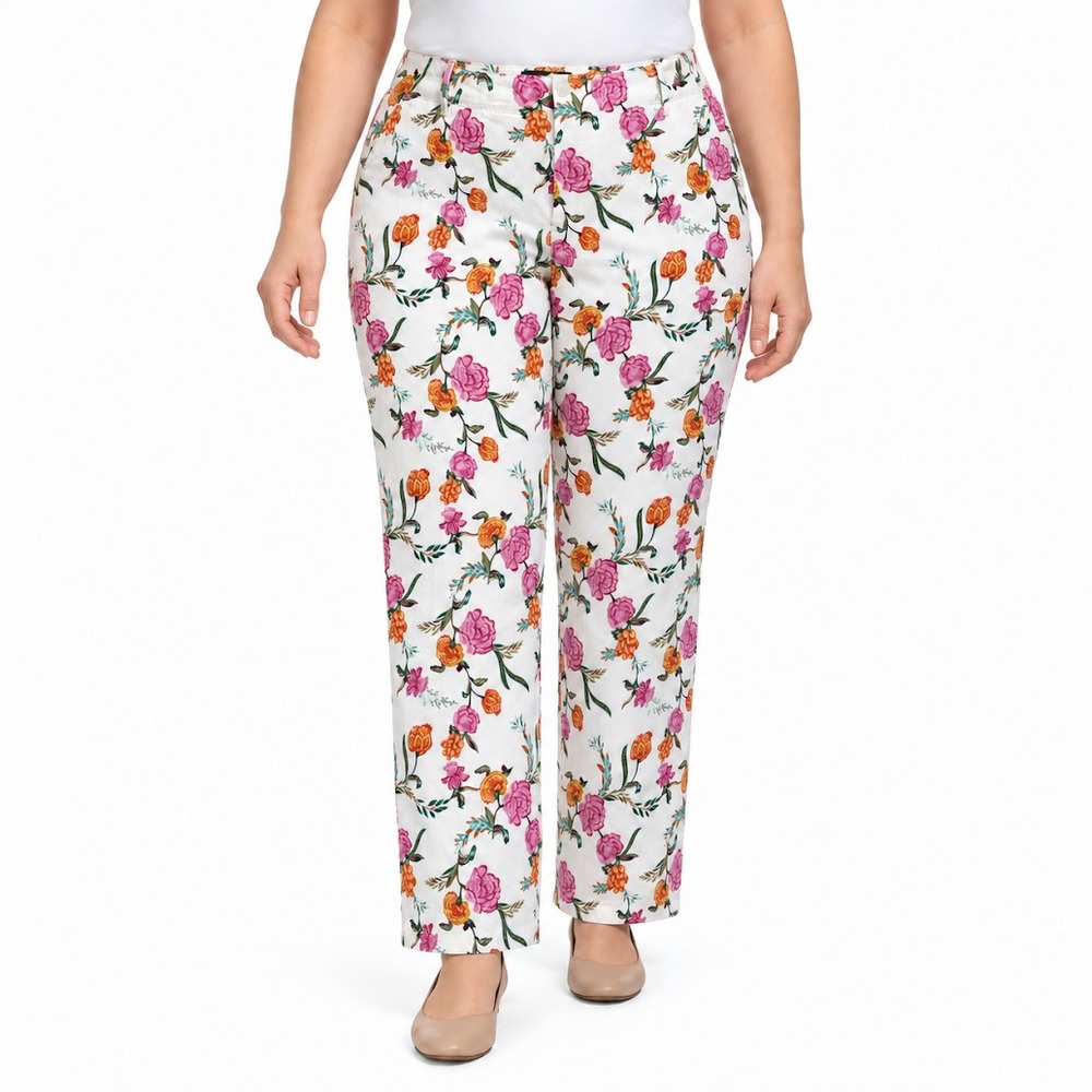 Susan Graver Jeans Women 14 White Floral Print Full Leg Stretch Pockets Casual